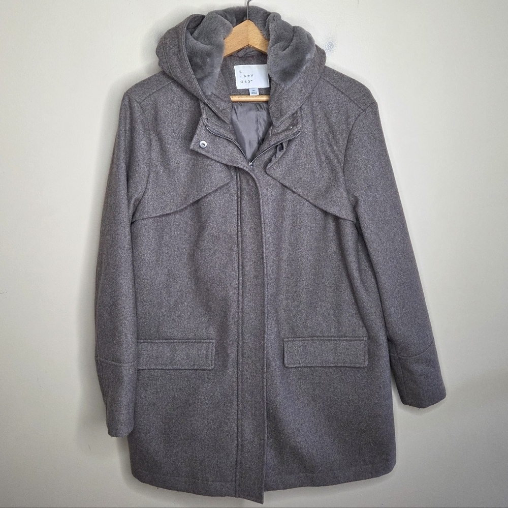 A New Day | Light Brown Wool Blend Coat Removable Faux Fur Lined Hood Size XL